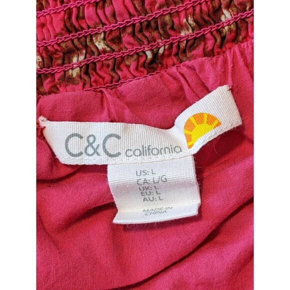 C C California Maxi Dress Sundress Large Smocked Tiered Cotton Pink Red Floral - Picture 7 of 9